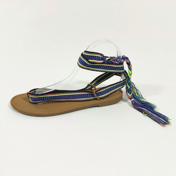 EUC  Braided Ribbon Ankle Tie Flat Thong Sandals - Picture 4 of 11